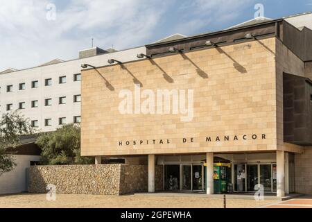 Manacor, Spain; september 25 2021: Main facade of Manacor Hospital on a sunny morning on the island of Mallorca, Spain Stock Photo