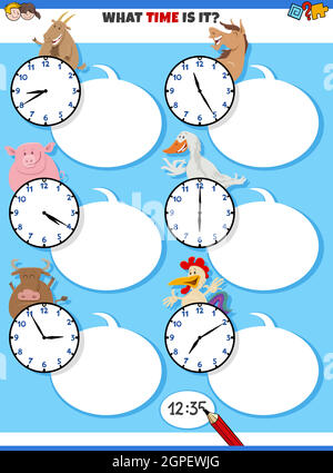 telling time educational task with cartoon farm animals Stock Vector