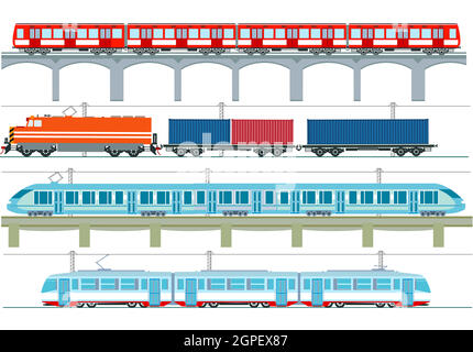 Set of modern passenger trains, subway transport, high speed trains and subway train, tram, cargo train Stock Vector