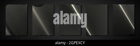 Modern structure black cover design set. Abstract wavy line pattern, curves. Creative white stripe vector collection for business background page Stock Vector