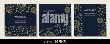 Vector set of posters with planets and constellations. Astrological background. A template with space for text. Stock Vector