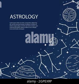 Vector poster with planets and constellations. Astrological background. A template with space for text. Stock Vector