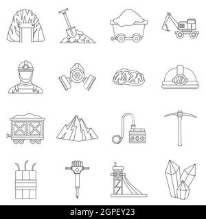 Miner icons set, outline style Stock Vector
