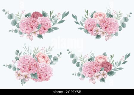 Watercolor hydrangea and roses flowers bouquets Stock Vector