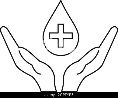 Hands holding blood drop icon, outline style Stock Vector