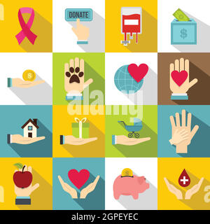 Charity icons set, flat style Stock Vector