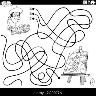 maze game painter and easel coloring book page - Stock
