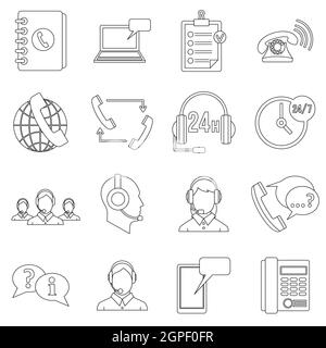 Call center symbols icons set, outline style Stock Vector