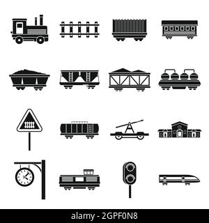 Railway icons set, simple style Stock Vector