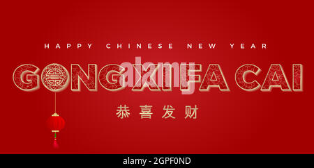 Gong Xi Fa Cai fonts with lines peony flower inside. Happy Chinese New Year with red backgrounds, applicable for banner, greeting cards, flyer, poster, social media and store. Stock Vector