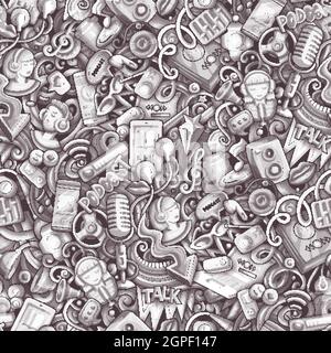 Cartoon doodles Audio content seamless pattern. Stock Vector