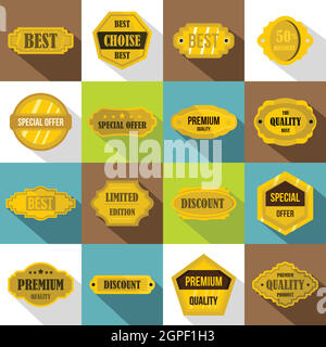 Golden labels icons set, flat style Stock Vector