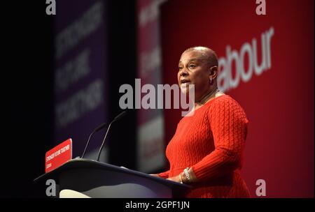 Brighton UK 29th September 2021 - Dame Doreen Lawrence of Clarendon, OBE introduces  Sir Keir Starmer at the Labour Party Conference today at the Brighton Centre  : Credit Simon Dack / Alamy Live News Stock Photo