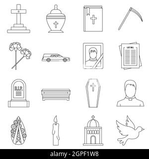 Funeral icons set, outline style Stock Vector