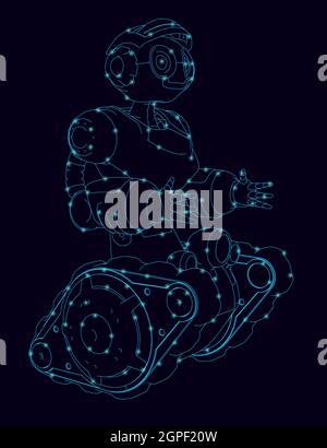 Contour of a robot on a goose with hands with glowing lights from blue lines isolated on a dark background. Front side. Vector illustration. Stock Vector
