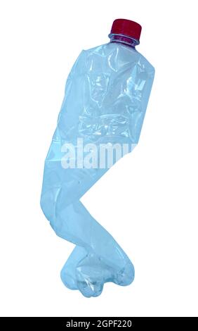 Close up of a plastic bottle isolated on white background. Recycling concept. Used plastic bottle crushed and crumpled against on the white background. Stock Photo
