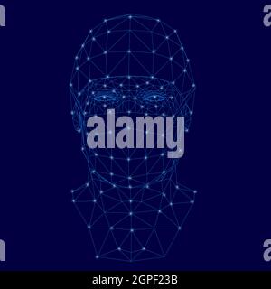 Wireframe of the head of a doctor in a protective mask with glowing lights made of blue lines on a dark background. Front view. Vector illustration. Stock Vector