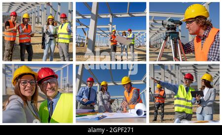 Business, Building, Teamwork and Gender Equality Concept. Construction Business Team at Construction Site. Concrete Construction of a Future Factory. Stock Photo
