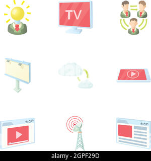 Broadcast icons set, cartoon style Stock Vector