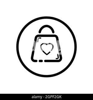 Valentine shopping bag with heart. Love symbol. Commerce outline icon in a circle. Vector illustration Stock Vector