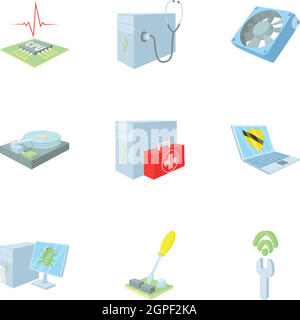 Computer repair icons set, cartoon style Stock Vector