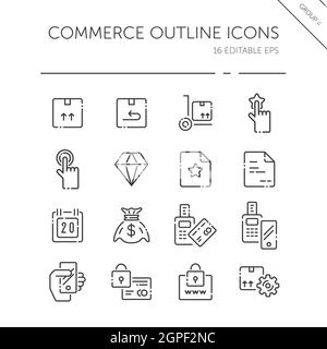 Commerce thin line icon set. Box, diamond, hand, swiping machine, security, money and calendar. Outline vector illustration Stock Vector
