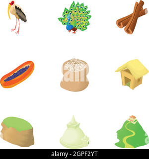 Attractions of Sri Lanka icons set, cartoon style Stock Vector