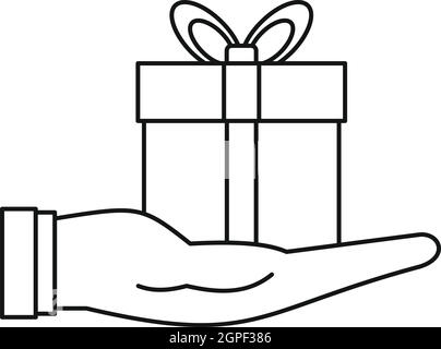 Gift box in hand icon, outline style Stock Vector