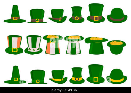 Illustration on theme Irish holiday St Patrick day, set headdress hats Stock Vector