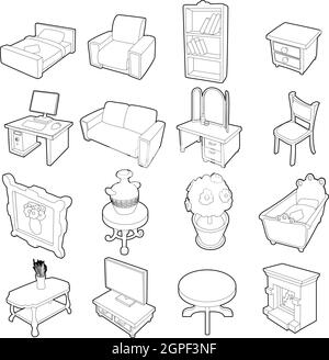 Different furniture icons set, outline style Stock Vector