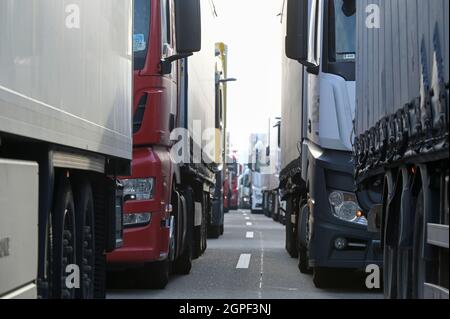 Germany, Helmstedt, trucks in traffic jam on Autobahn A2