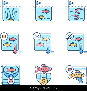 Fish product farming and storing RGB color icons set Stock Vector