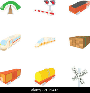 Railway transport icons set, cartoon style Stock Vector