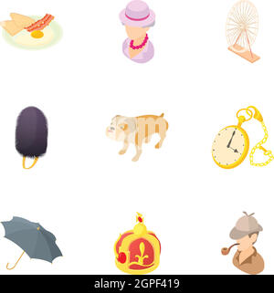 Holiday in England icons set, cartoon style Stock Vector