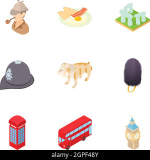 Tourism in England icons set, cartoon style Stock Vector