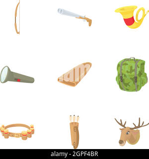 Hunting in forest icons set, cartoon style Stock Vector
