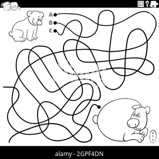 line maze with cartoon baby bear with mother coloring book page Stock Vector