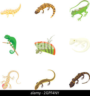 Iguana icons set, cartoon style Stock Vector