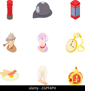 Attractions of England icons set, cartoon style Stock Vector