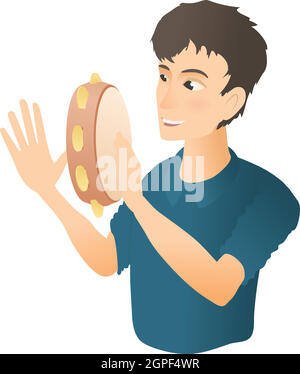 Man plays on tambourine icon, flat style Stock Vector