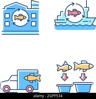 Fish processing and transportation RGB color icons set Stock Vector