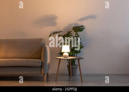 Comfortable sofa, glowing lamp in evening, potted plant on floor and table in living room interior Stock Photo
