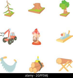 Woodcutter icons set, cartoon style Stock Vector