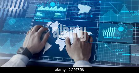 Male hands using virtual panel, working on business analysis, collage Stock Photo