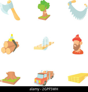 Cutting of trees icons set, cartoon style Stock Vector