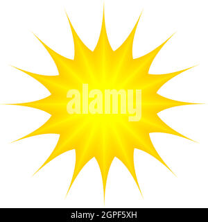 Sun or Sunshine with spiky rays as vector on a white isolated background in different yellow colors Stock Vector
