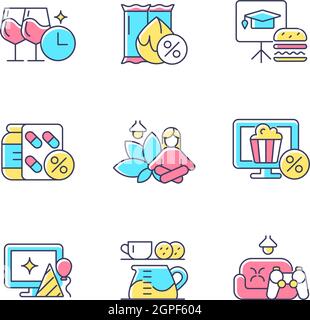 Employee benefits for wellbeing RGB color icons set Stock Vector