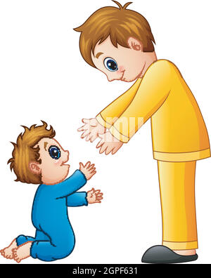 Cartoon dad holding his son hands Stock Vector