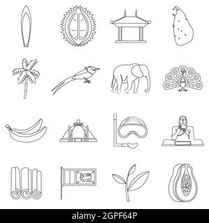 Sri Lanka travel icons set, outline style Stock Vector