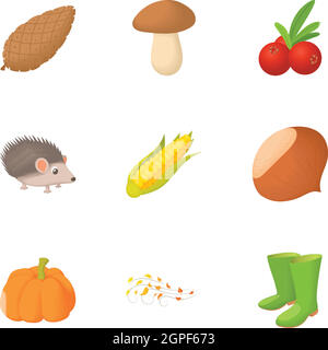 Falling leaves season icons set, cartoon style Stock Vector
